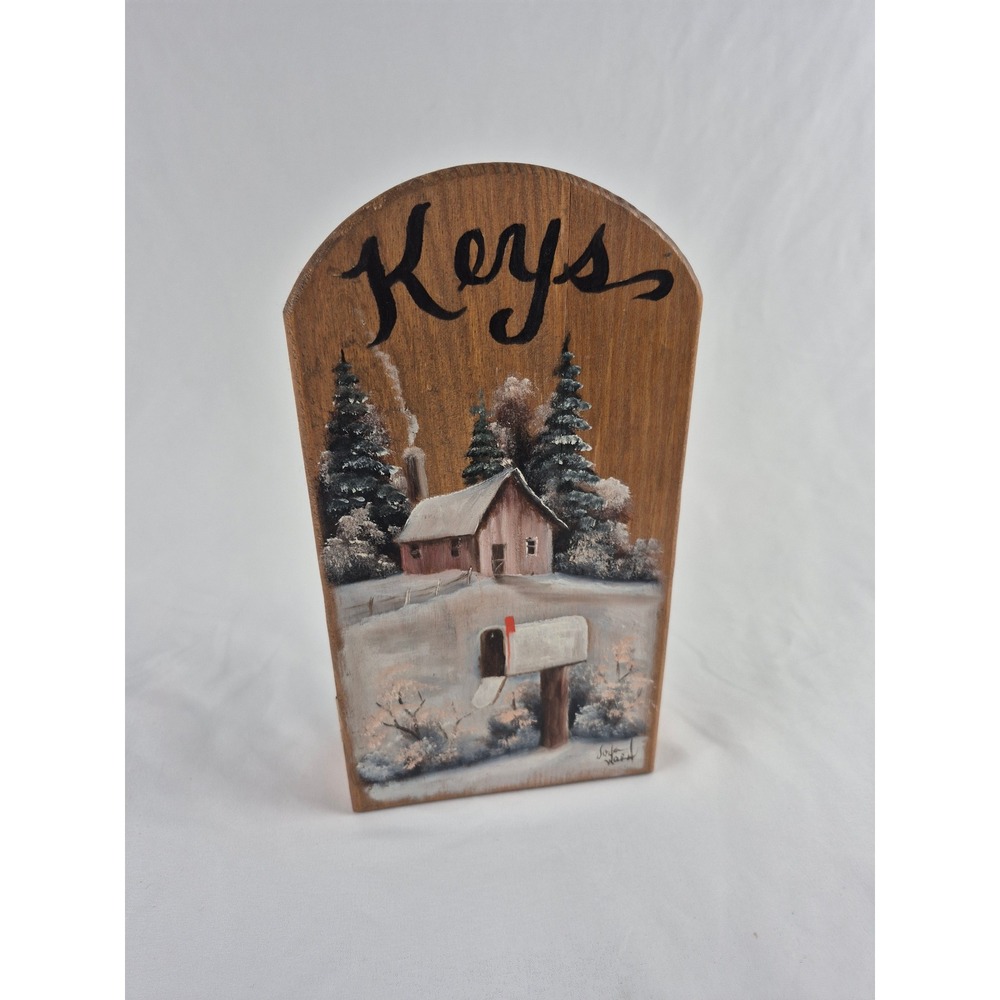 Vintage Hand Painted Signed Wood Key Holder Cabinet Winter Cottage Farmhouse Art